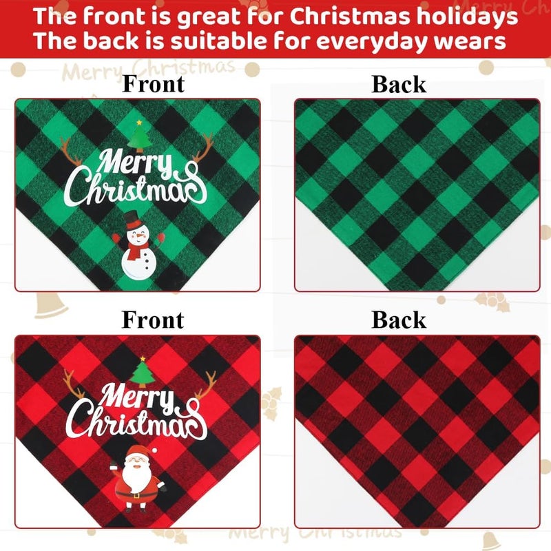 Vivifying Christmas Dog Bandanas, 2 Pack Classic Plaid Triangle Pet Scarf with Santa and Snowman Print, Holiday Pet Christmas Costume for Small Medium Large Dogs (Green&Red) - Image 2